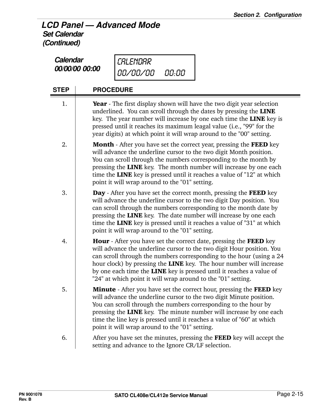 SATO CL412E service manual Calendar 00/00/00 