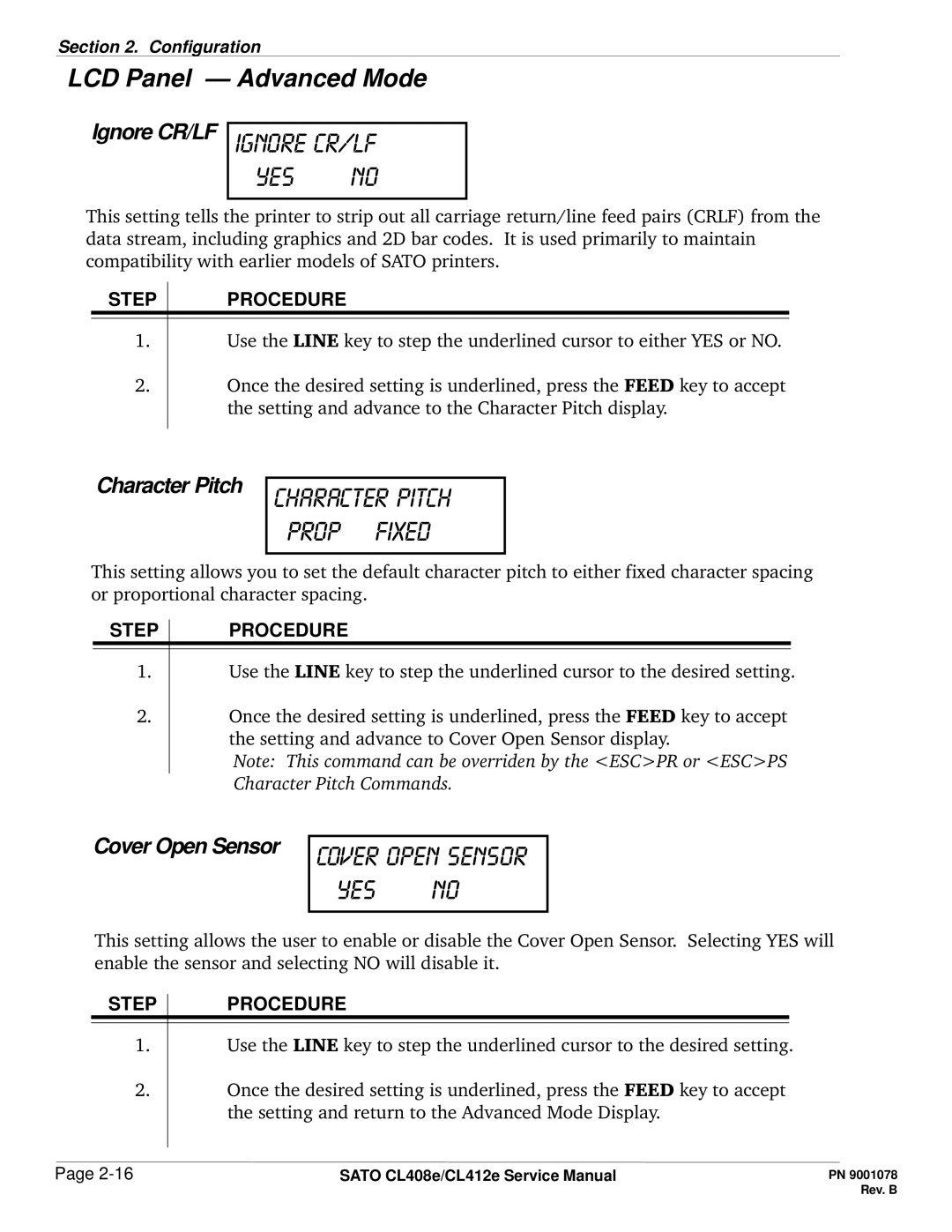 SATO CL412E service manual Ignore cr/lf, Cover open sensor Yes No, Ignore CR/LF, Character Pitch, Cover Open Sensor 