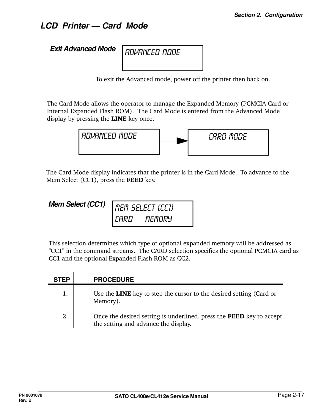 SATO CL412E service manual Advanced Mode Card Mode, LCD Printer Card Mode, Mem Select CC1 