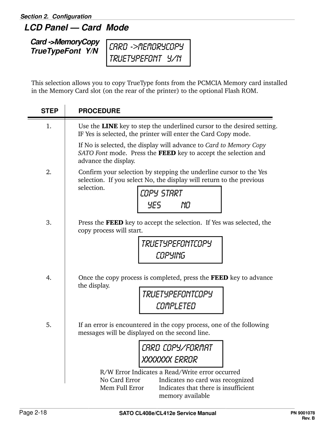 SATO CL412E service manual Copy start Yes no, LCD Panel Card Mode 