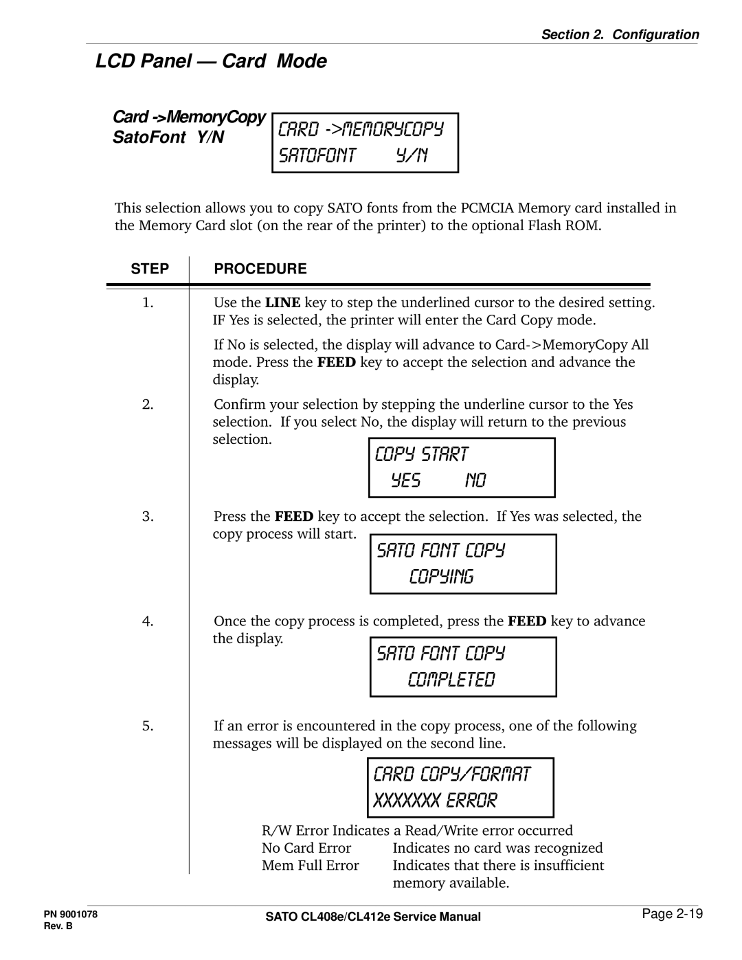 SATO CL412E service manual Card -MemoryCopy SATOFont y/n, LCD Panel Card, Mode 