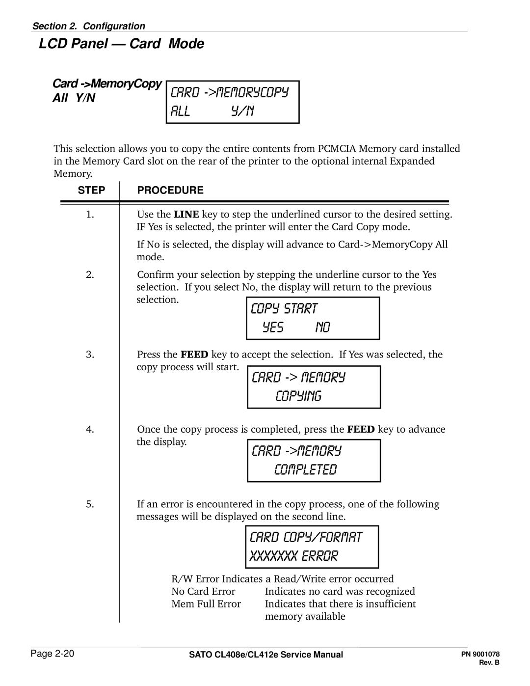 SATO CL412E service manual Card -MemoryCopy All y/n, Card memory Copying 