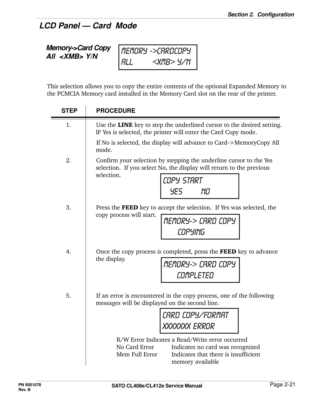 SATO CL412E service manual Memory -cardCopy All, Memory- card copy copying 