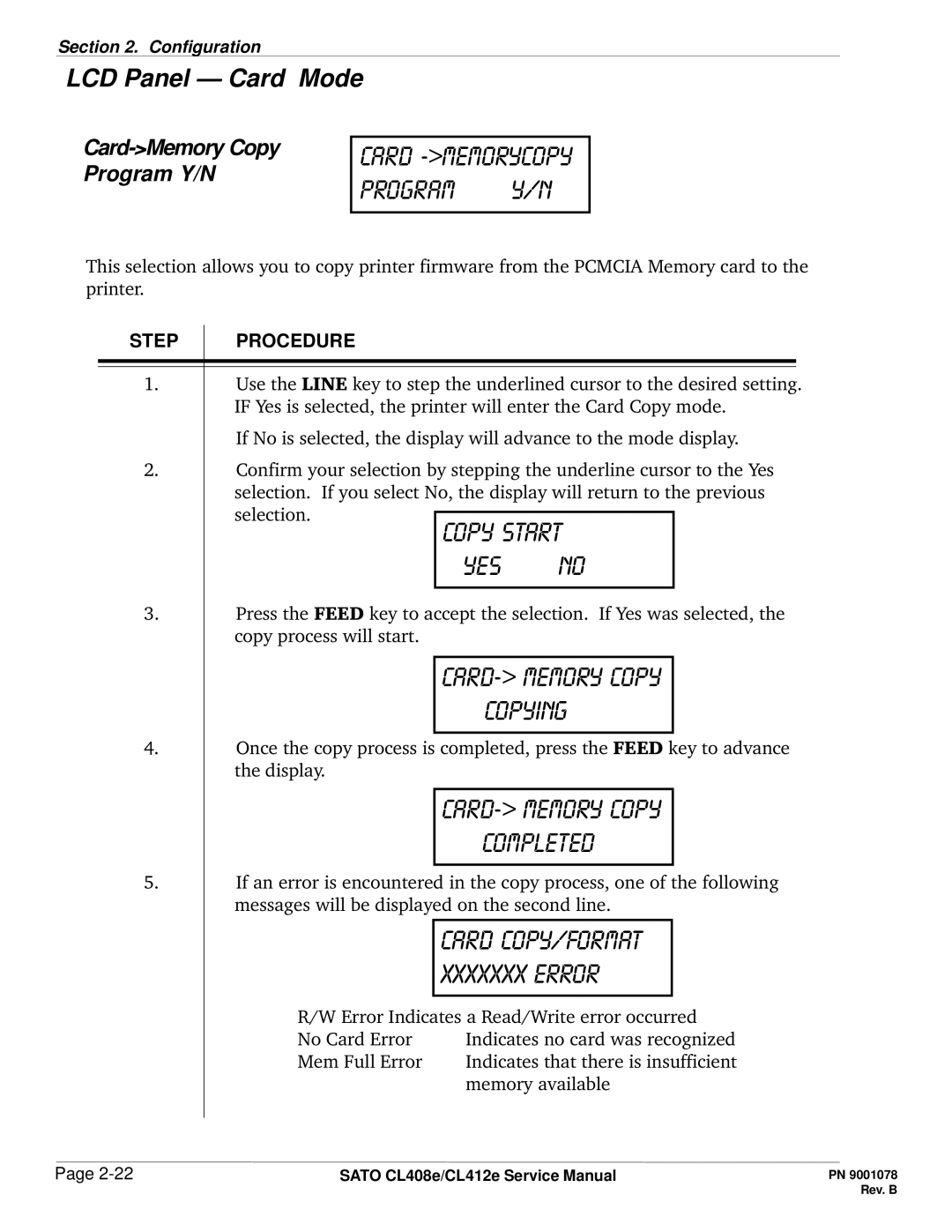 SATO CL412E service manual Card -memoryCopy Program y/n, Card- memory copy copying, Card-Memory Copy Program Y/N 