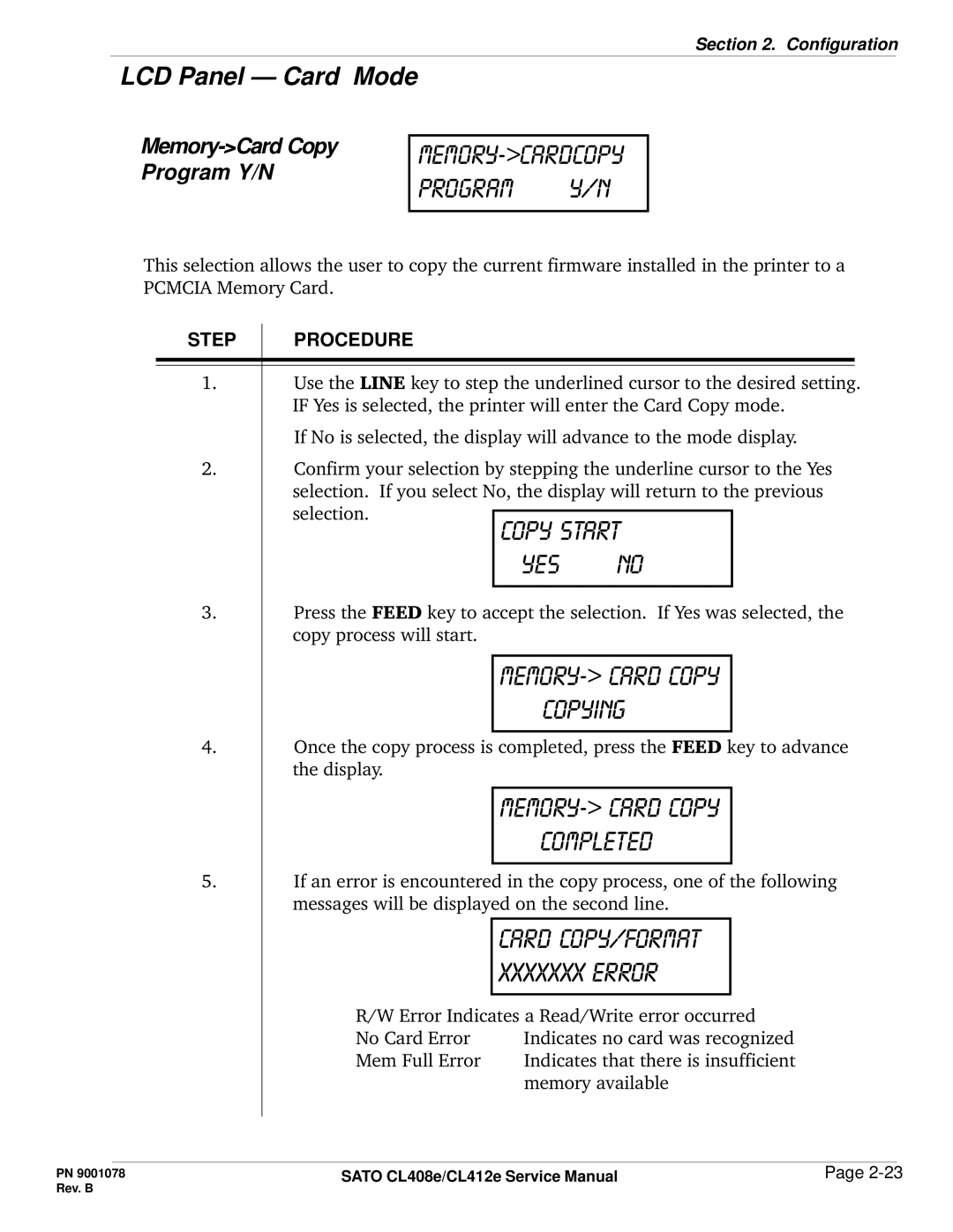 SATO CL412E service manual Memory-cardCopy Program y/n, Memory-Card Copy Program Y/N 