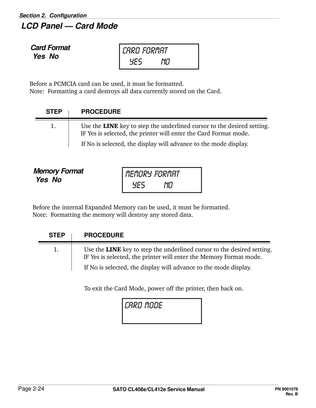 SATO CL412E service manual Card format Yes no, Memory format Yes no, Card Format Yes No 