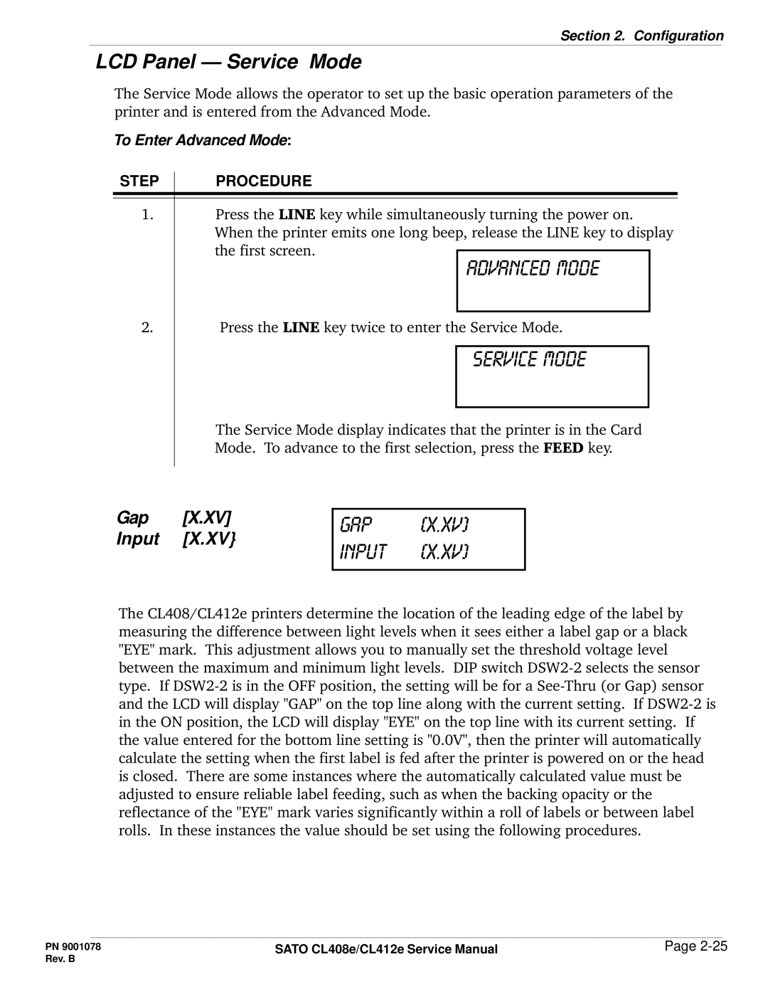 SATO CL412E service manual Service mode, Gap x.xv input, LCD Panel Service Mode, Gap X.XV Input 