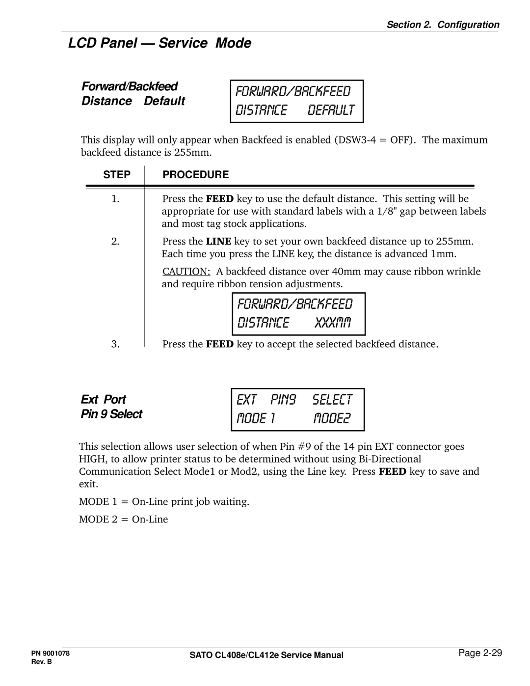 SATO CL412E service manual Forward/backfeed distance default, EXt pin9 Select Mode Mode2 