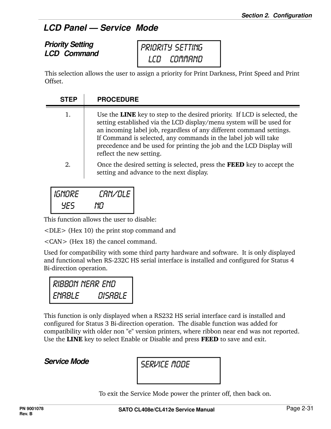 SATO CL412E service manual Ignore can/dle Yes no, Ribbon near end Enable disable, Service Mode 