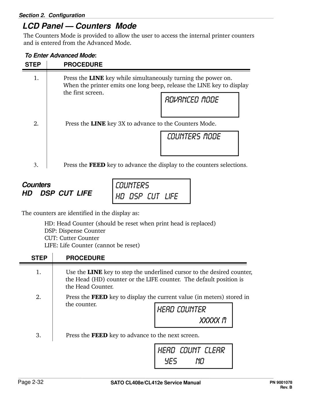 SATO CL412E service manual Counters mode, Counters Hd dsp cut life, Head Count clear Yes no, LCD Panel Counters Mode 