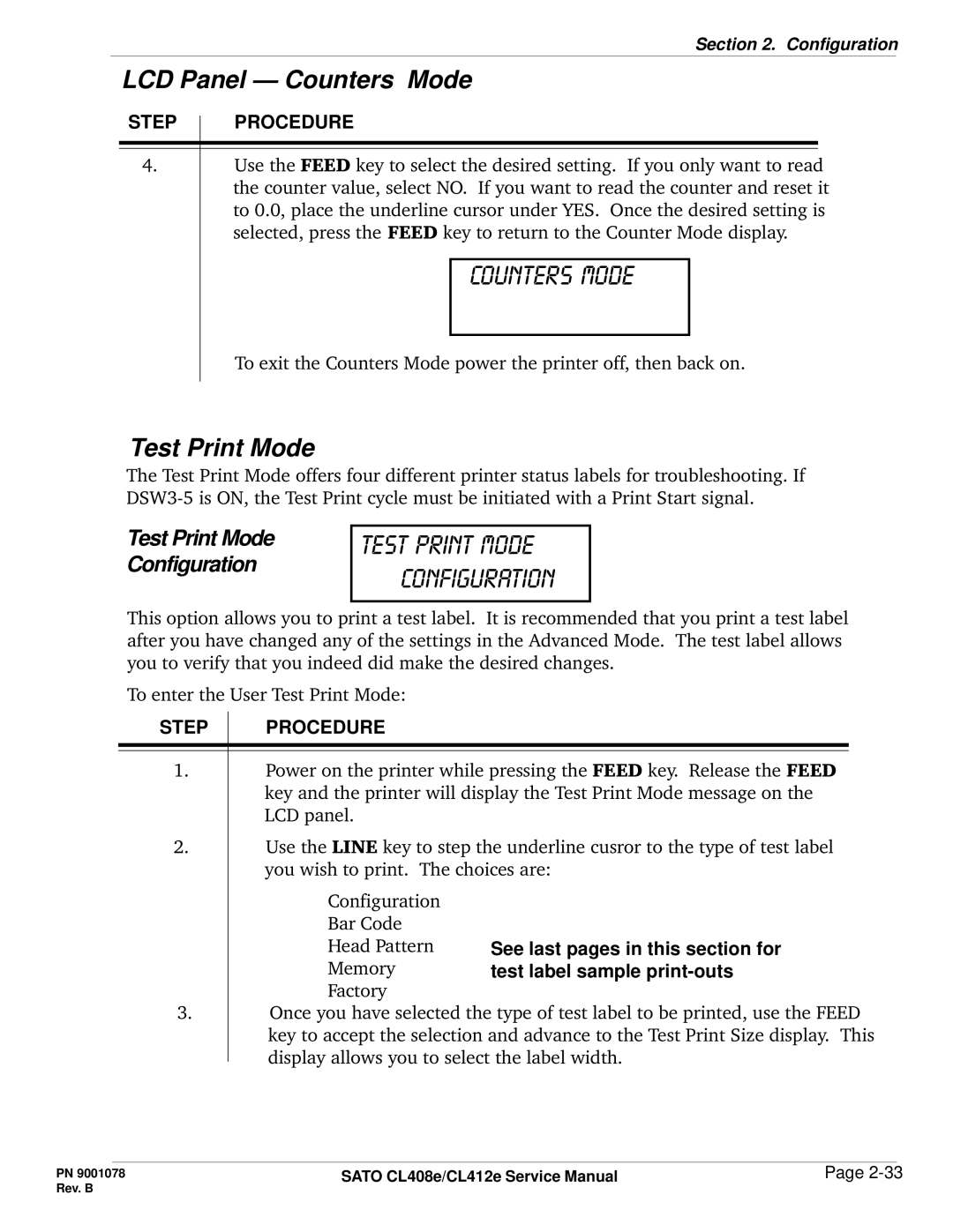 SATO CL412E service manual Test print mode configuration, Test Print Mode 