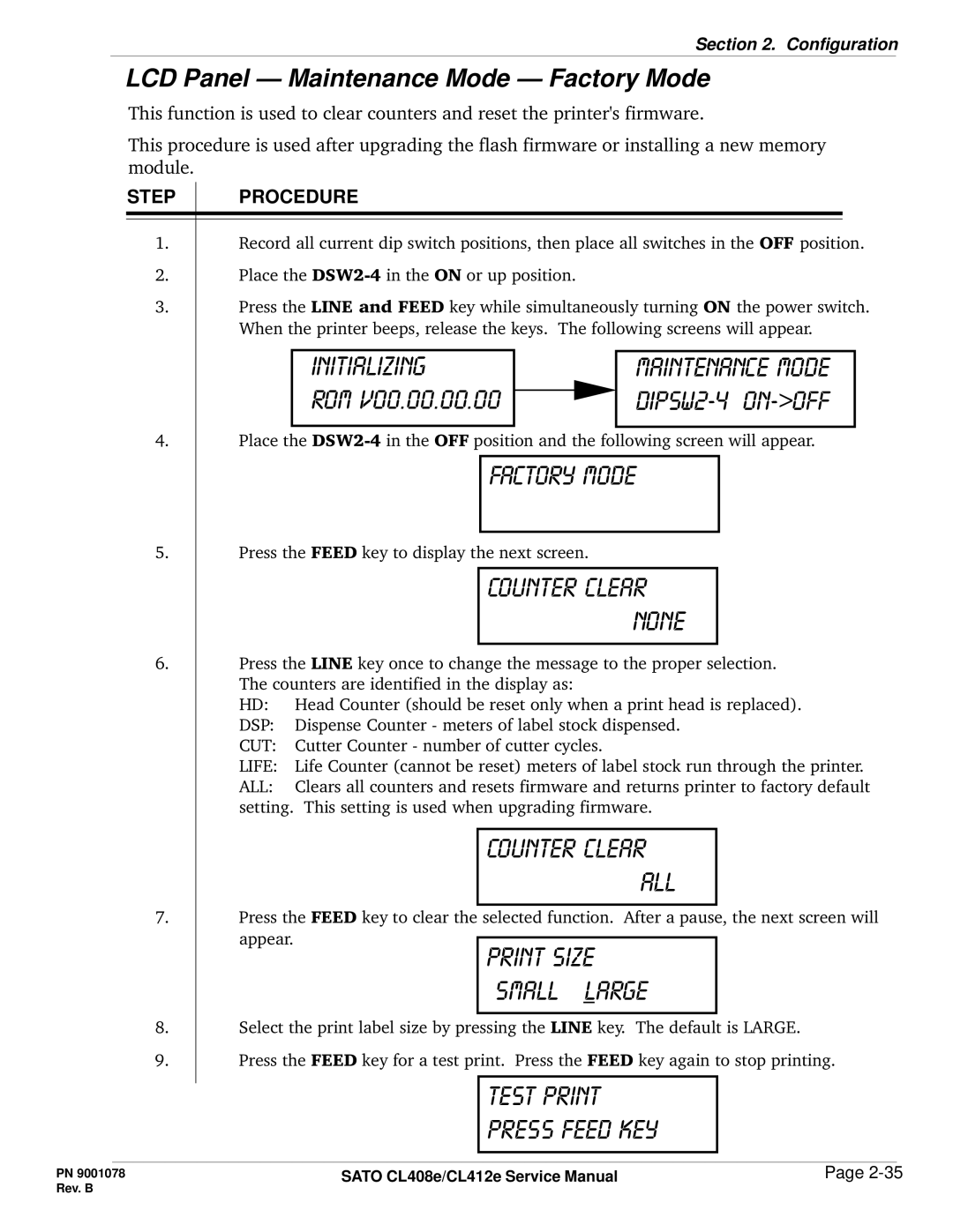 SATO CL412E service manual Initializing, DiPSw2-4 on-off, Factory mode, Counter clear all, Print size small large 