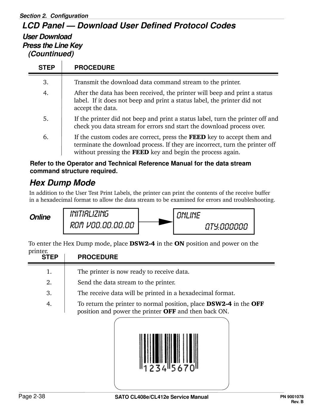 SATO CL412E service manual Initializing Rom Online Qty000000, LCD Panel Download User Defined Protocol Codes, Hex Dump Mode 