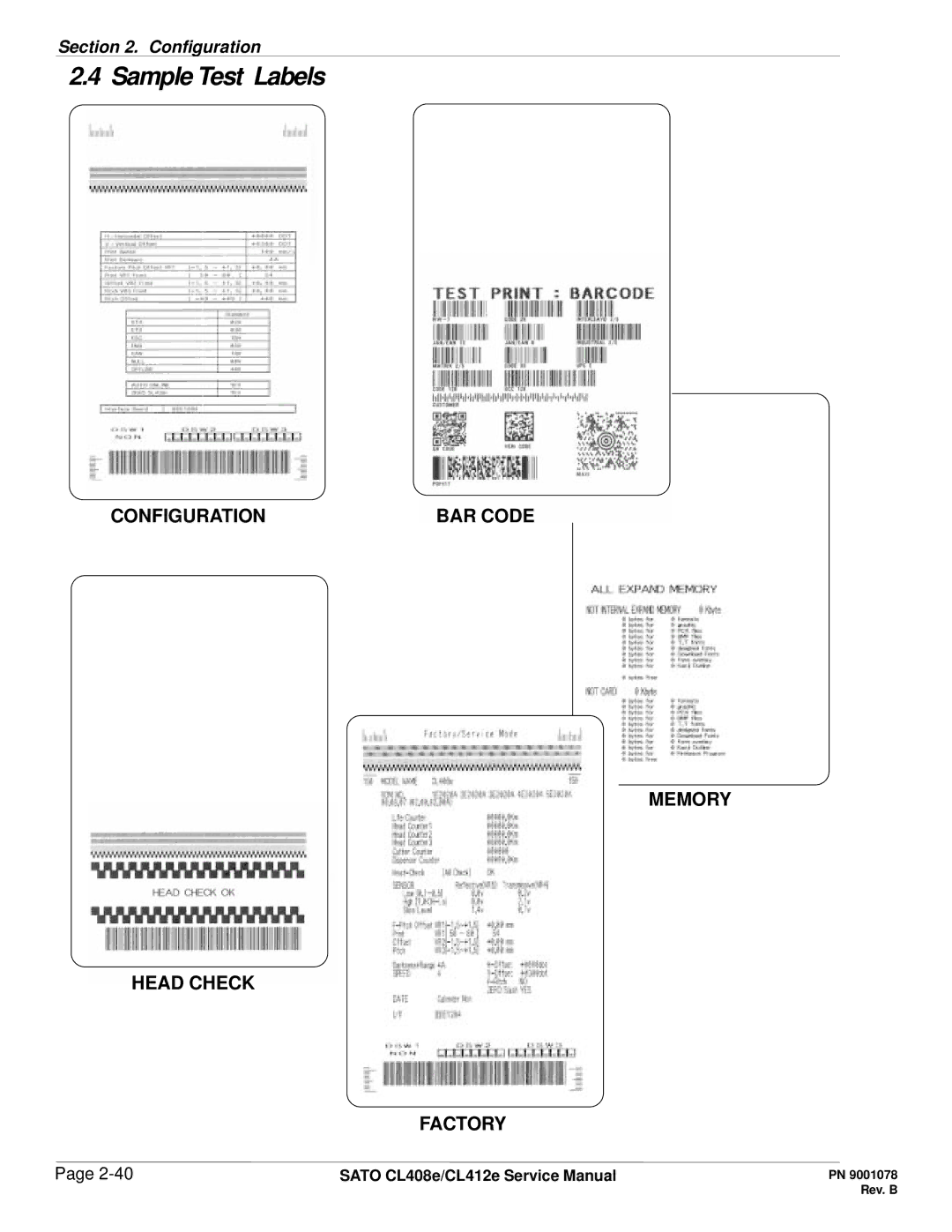 SATO CL412E service manual Sample Test Labels, Configuration, Memory Head Check Factory 