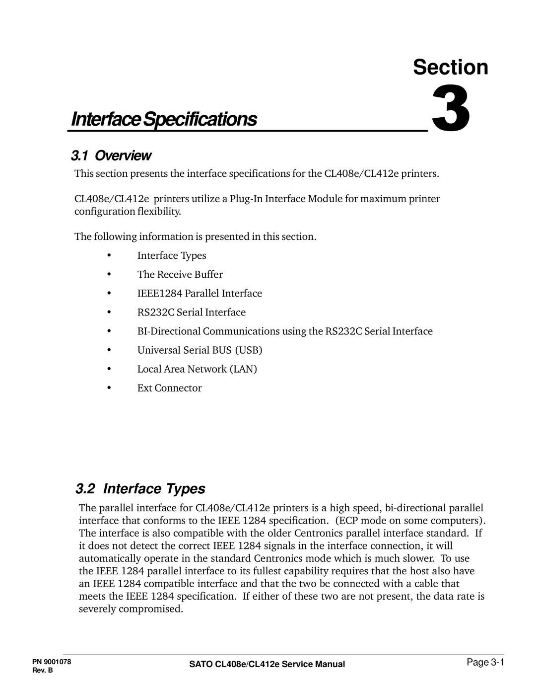 SATO CL412E service manual InterfaceSpecifications, Interface Types 