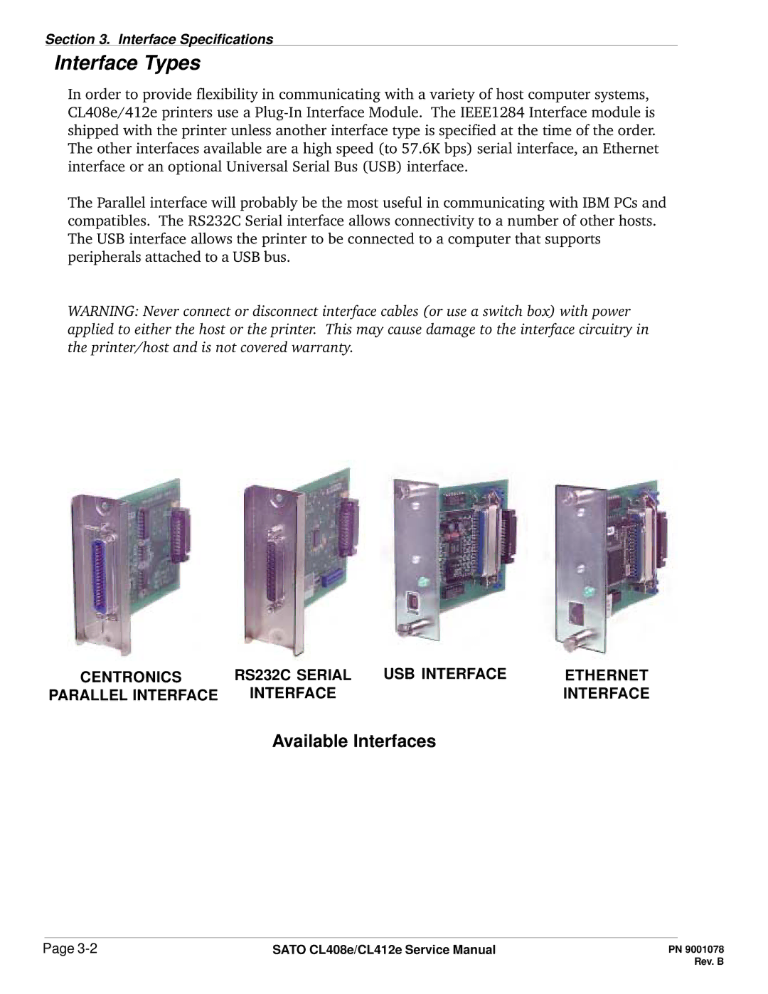 SATO CL412E service manual Centronics RS232C Serial USB Interface Ethernet 