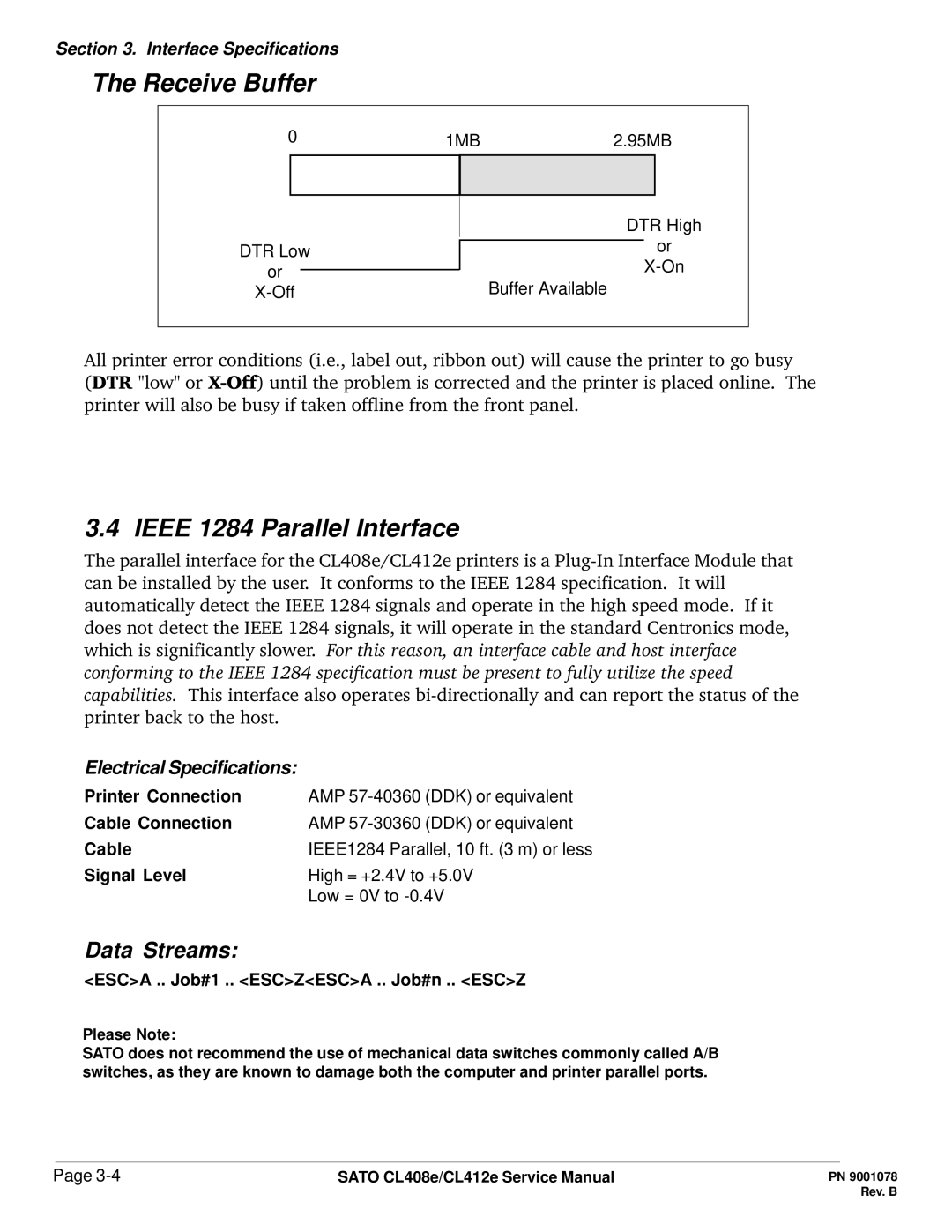 SATO CL412E service manual Ieee 1284 Parallel Interface, Data Streams 