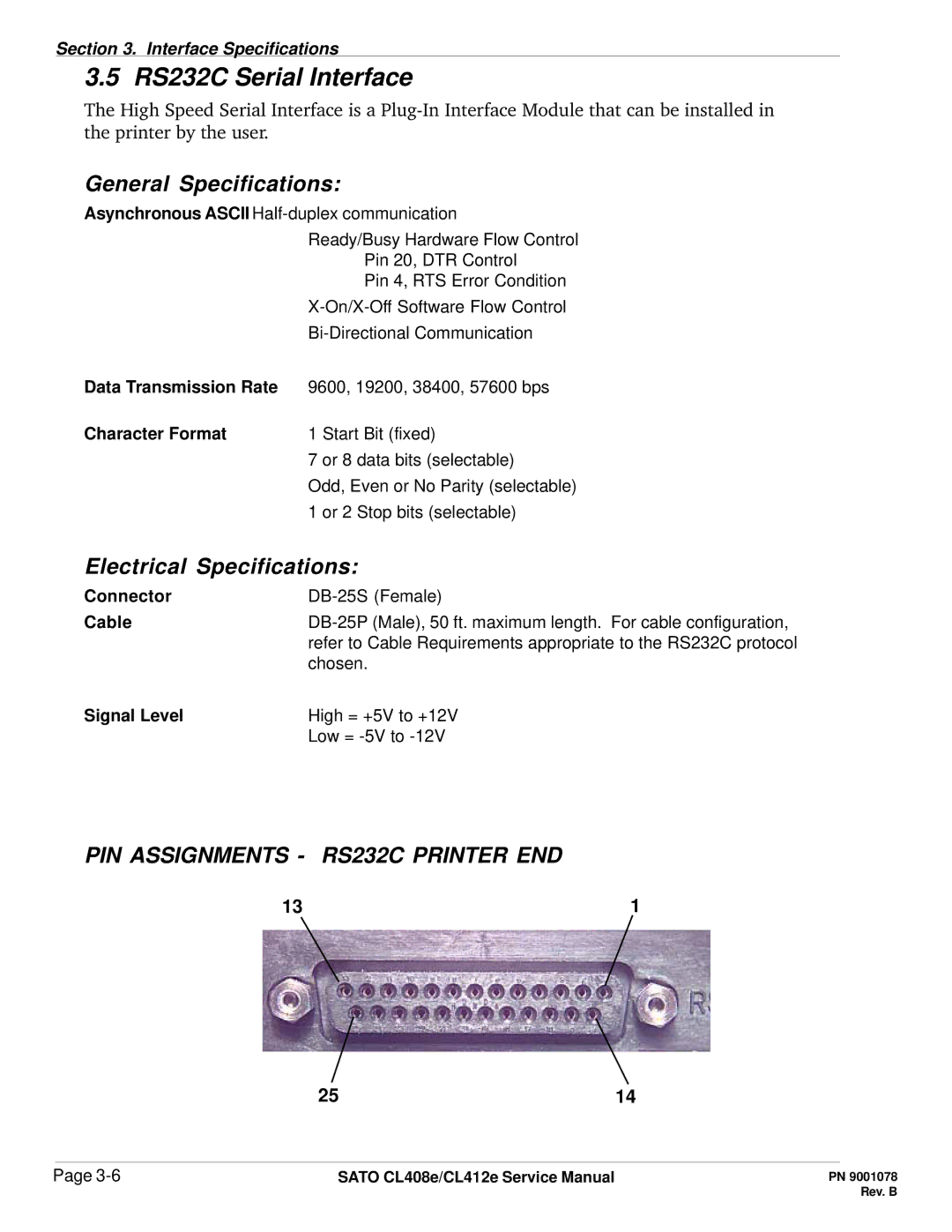 SATO CL412E service manual RS232C Serial Interface, General Specifications, Electrical Specifications 