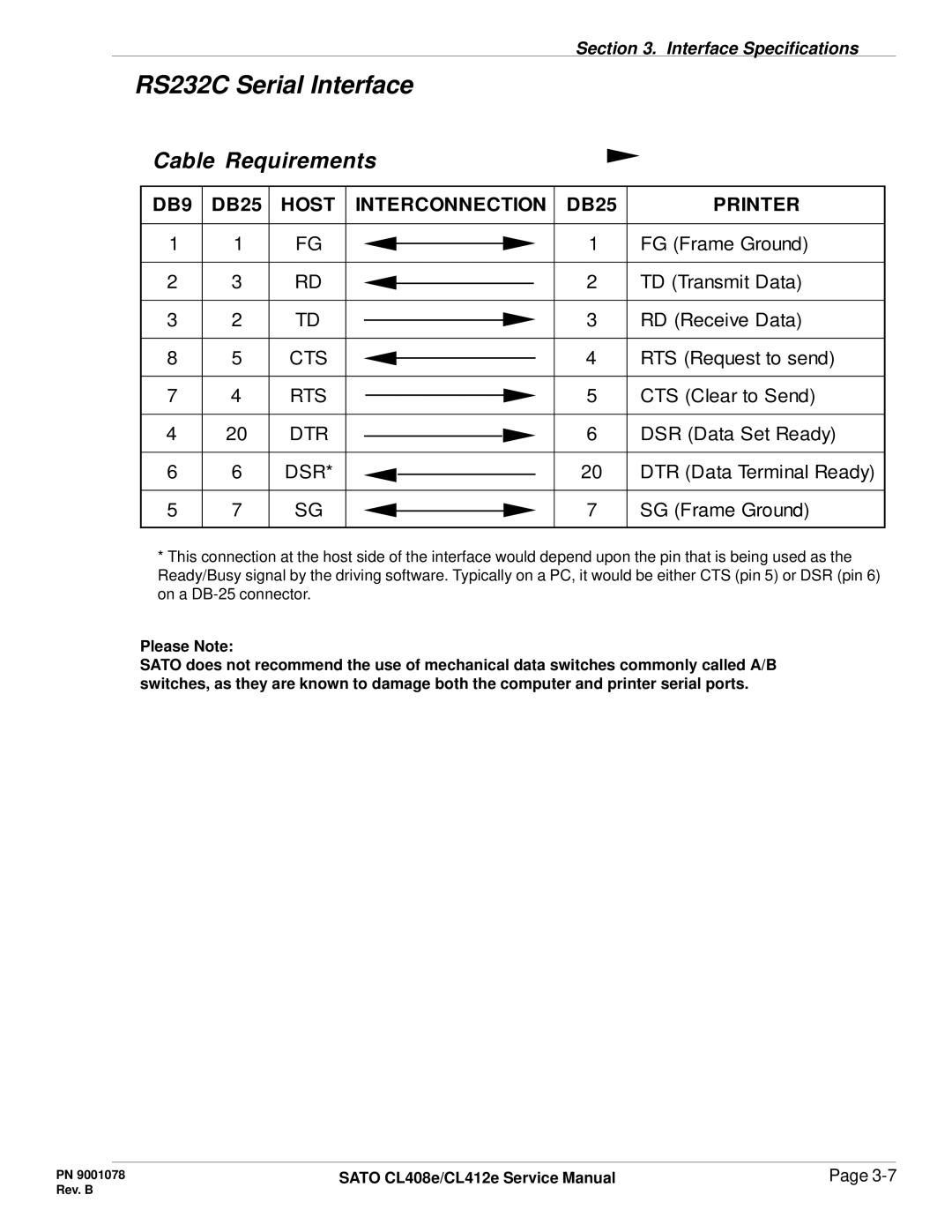 SATO CL412E service manual Cable Requirements, DB9, Host Interconnection, Printer 