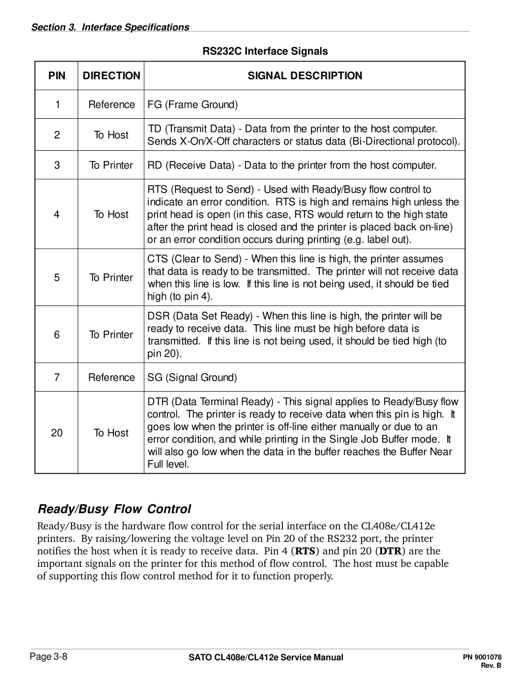 SATO CL412E service manual Ready/Busy Flow Control, Signal Description 