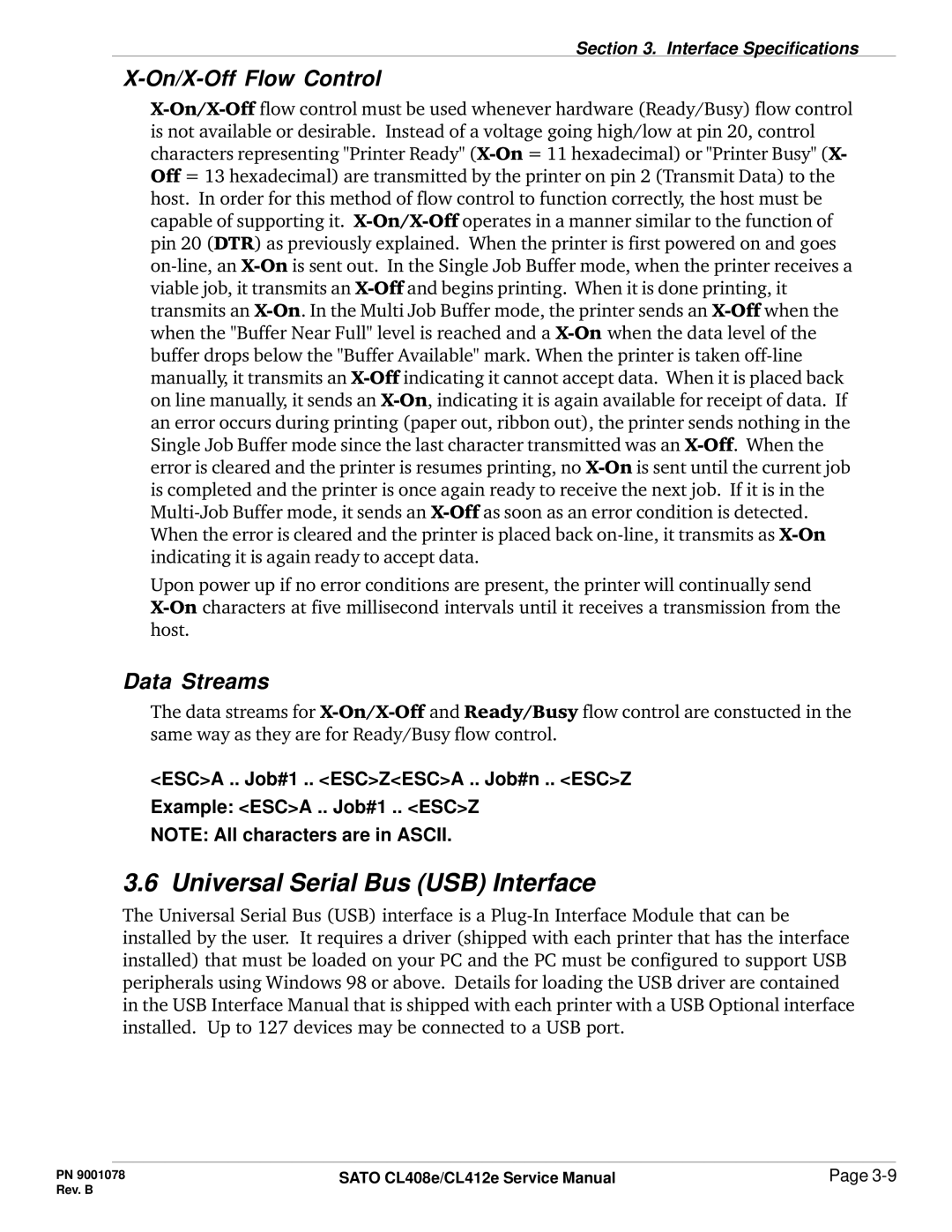 SATO CL412E service manual Universal Serial Bus USB Interface, On/X-Off Flow Control 