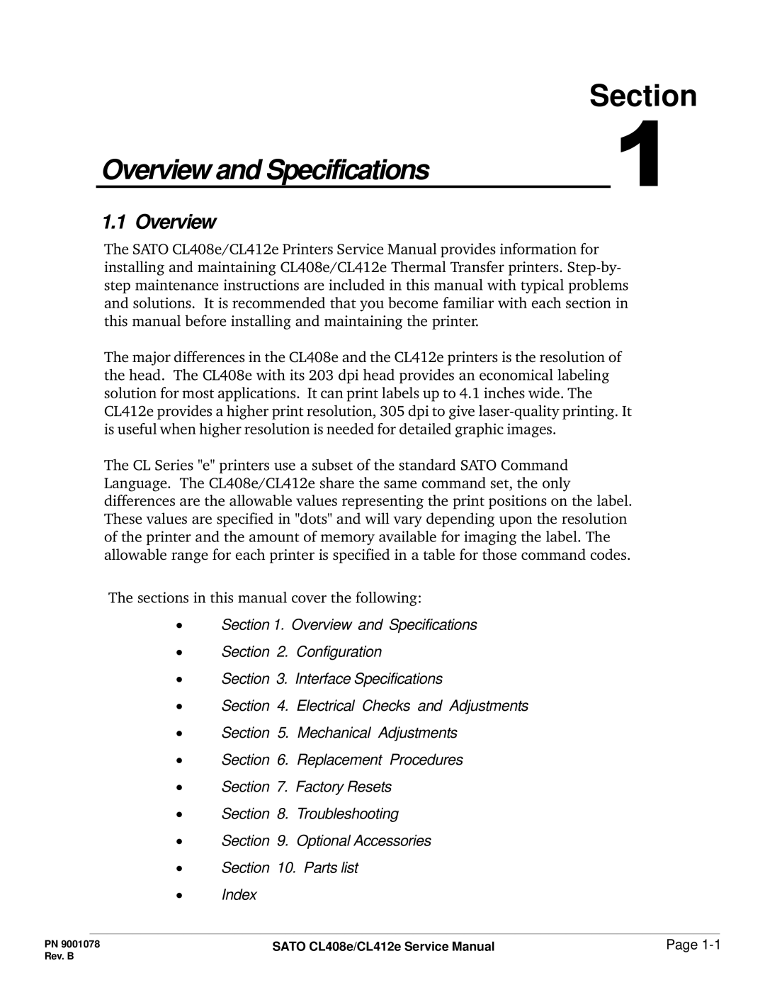 SATO CL412E service manual Section, Overview 