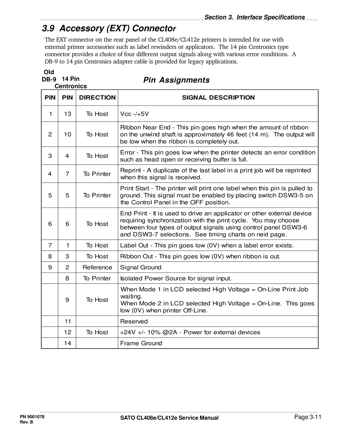 SATO CL412E service manual Accessory EXT Connector, Pin Assignments 