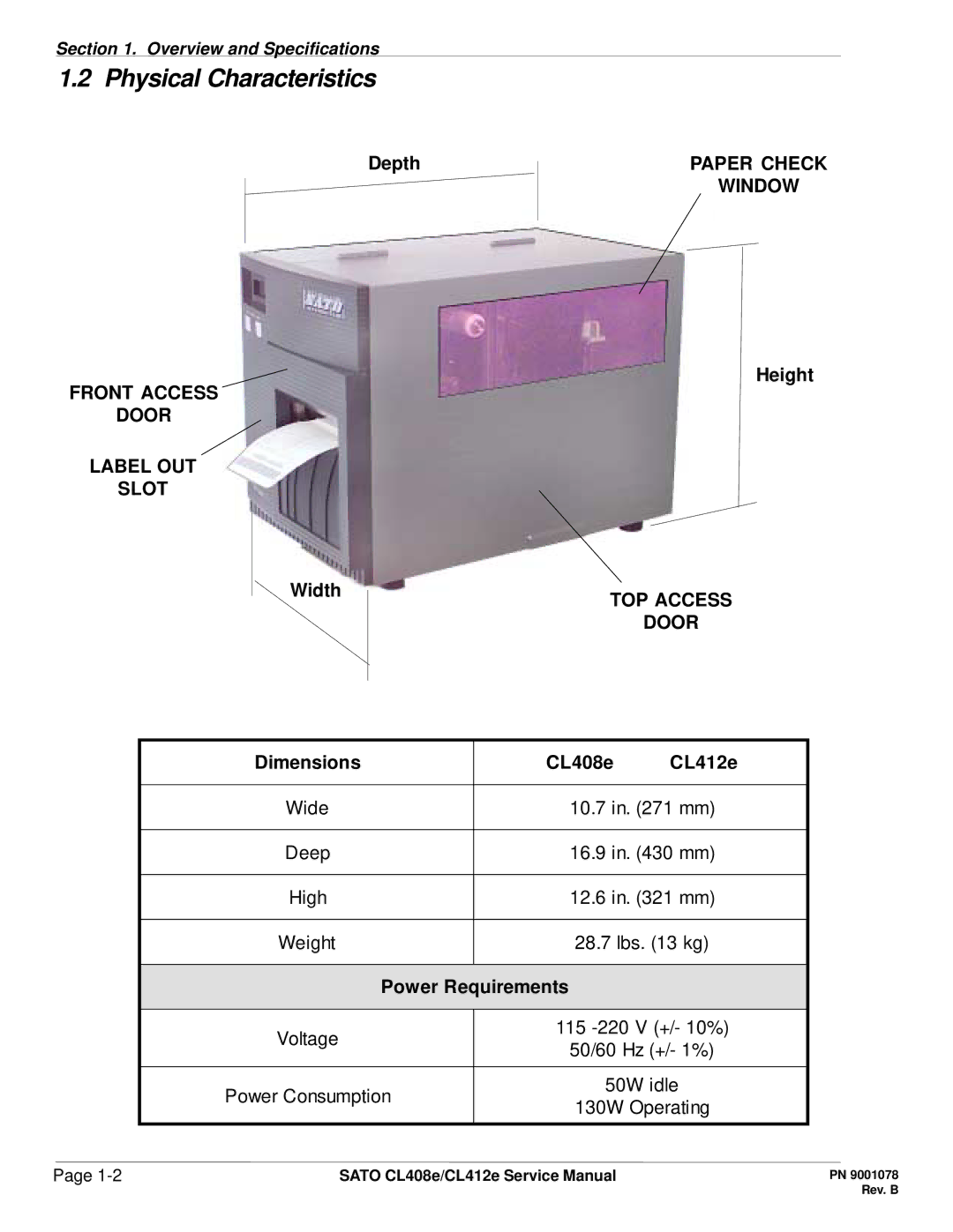 SATO CL412E service manual Physical Characteristics, Front Access Door Label OUT Slot, TOP Access 