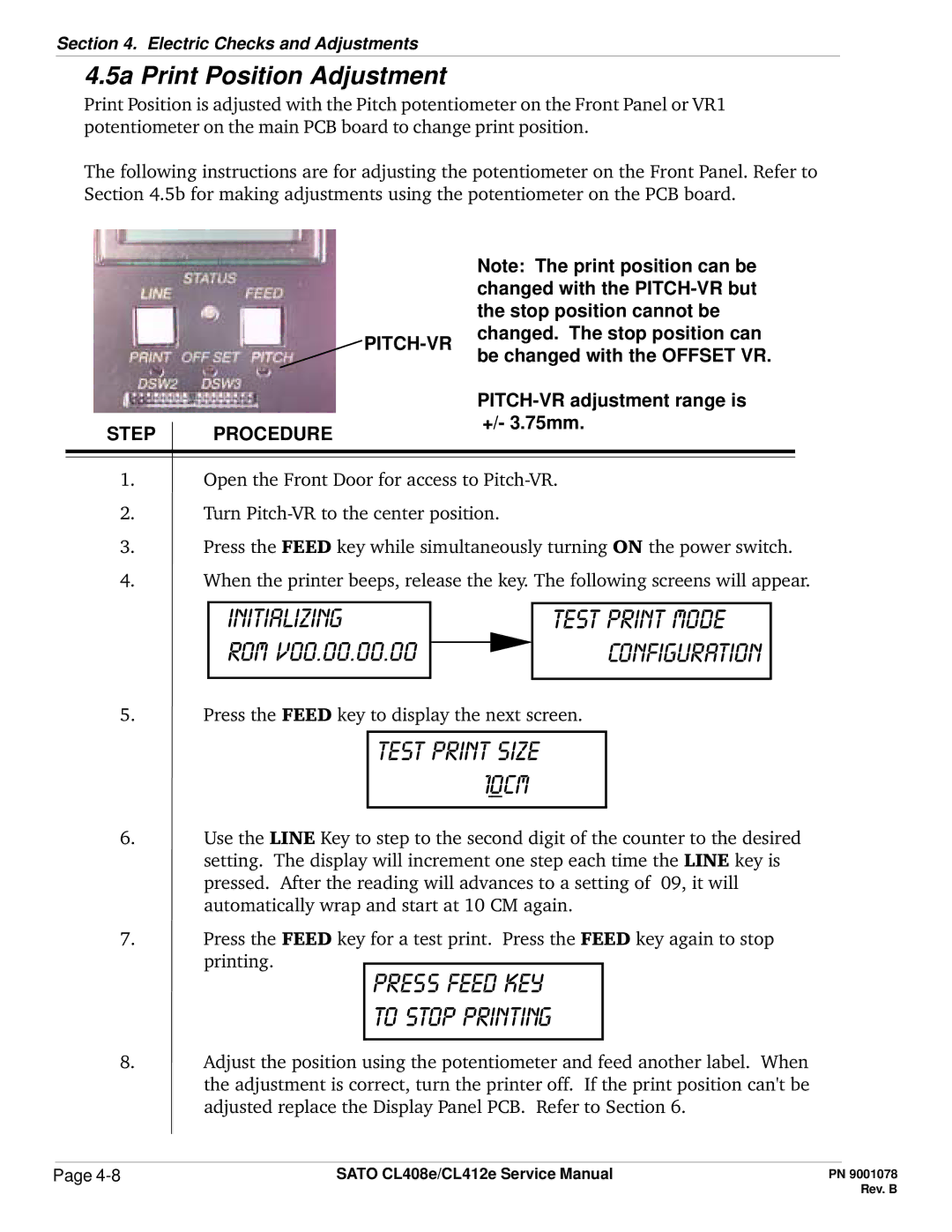 SATO CL412E service manual 5a Print Position Adjustment, PITCH-VR Step Procedure 