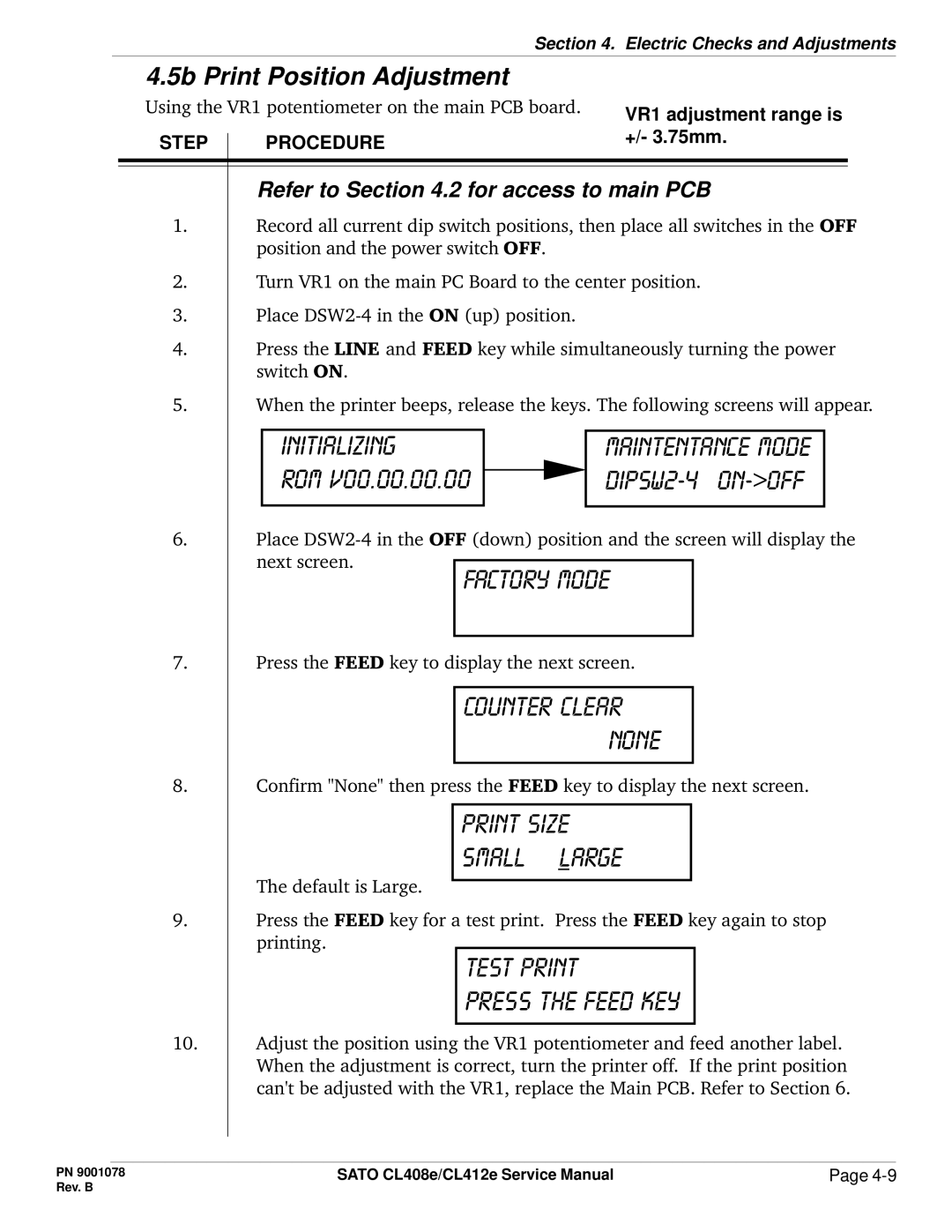 SATO CL412E service manual Test print Press the feed key, 5b Print Position Adjustment, Refer to .2 for access to main PCB 