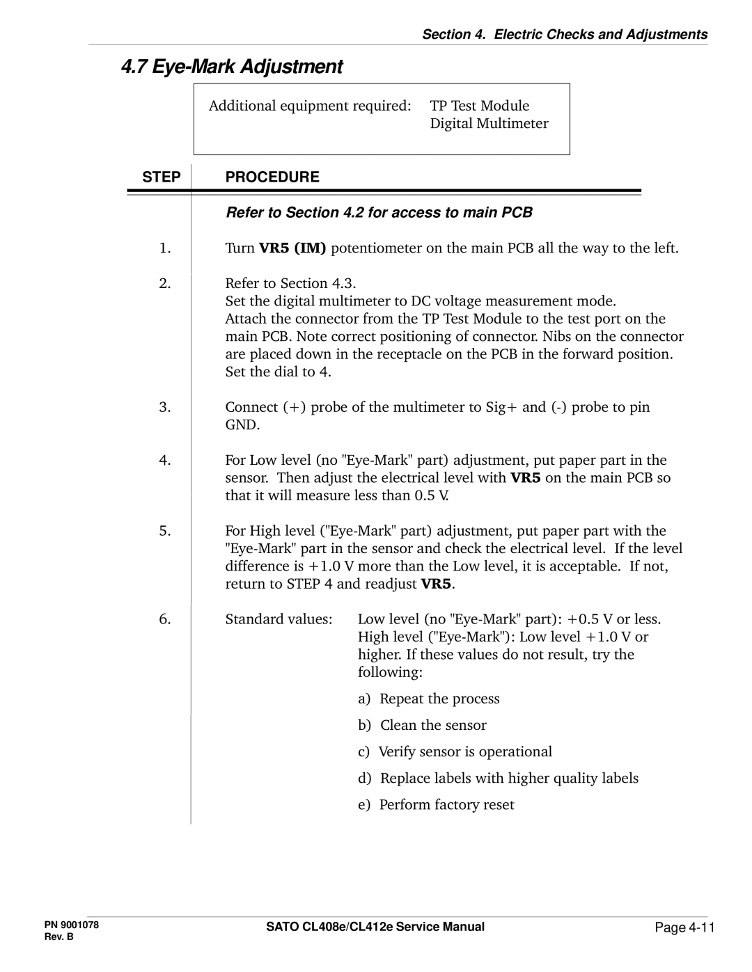 SATO CL412E service manual Eye-Mark Adjustment 