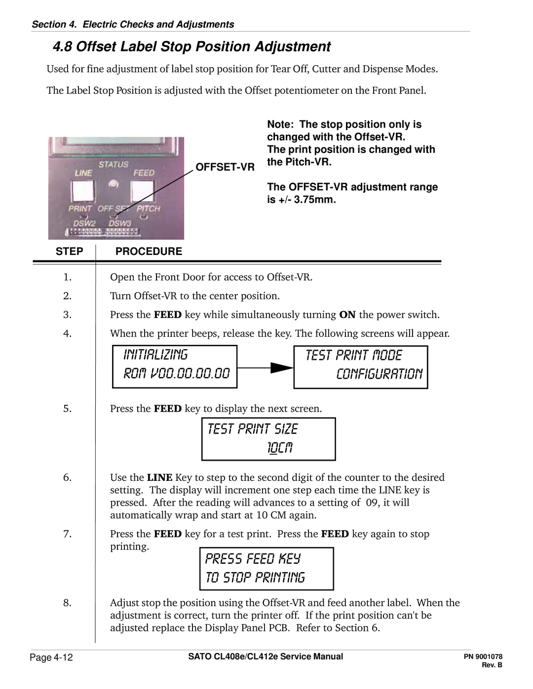 SATO CL412E service manual Offset Label Stop Position Adjustment, Offset-Vr 