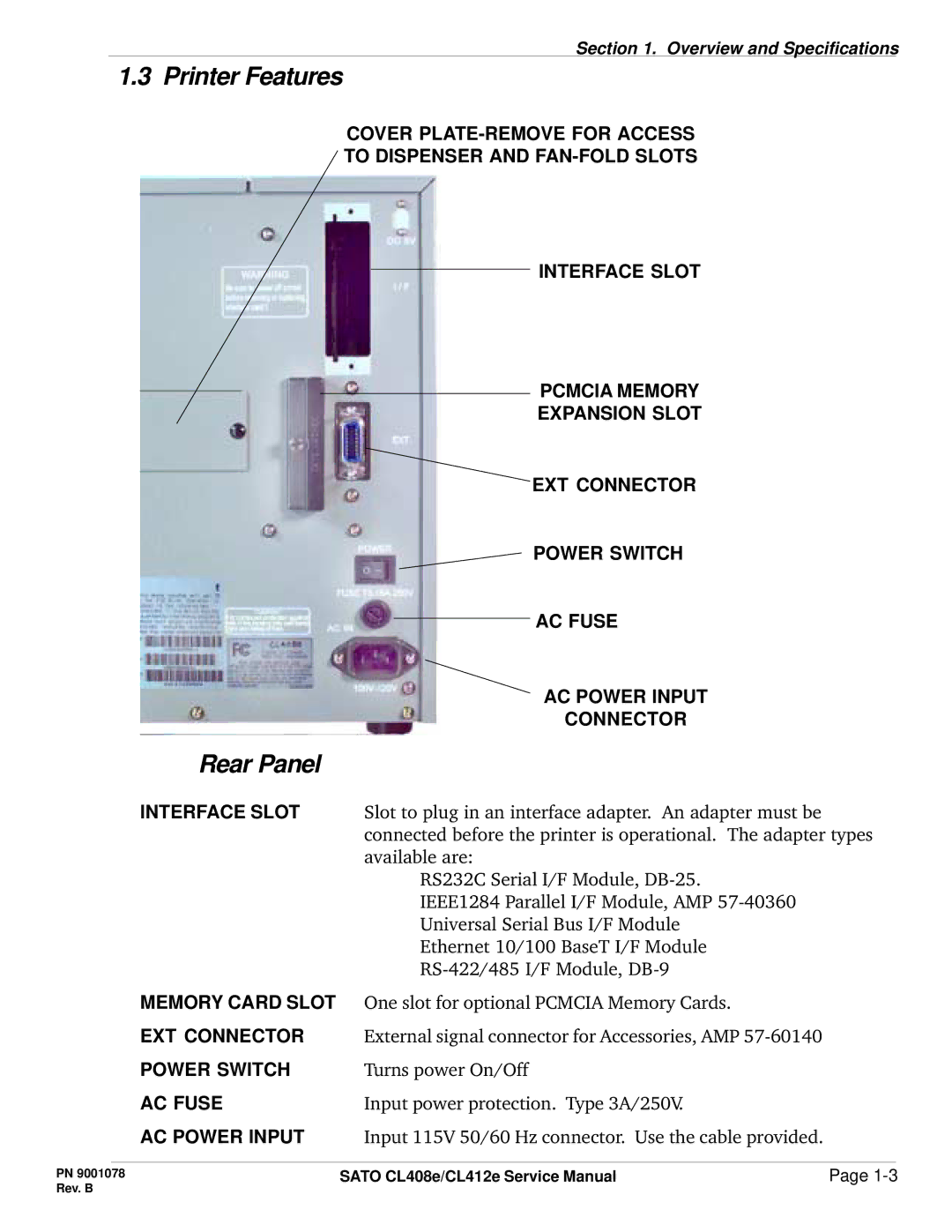 SATO CL412E service manual Printer Features, Rear Panel, Memory Card Slot 