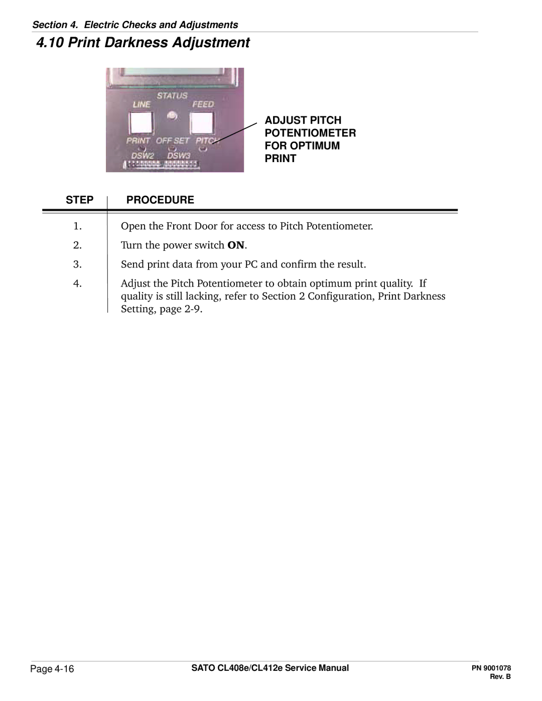 SATO CL412E service manual Print Darkness Adjustment, Adjust Pitch Potentiometer For Optimum Print Step Procedure 