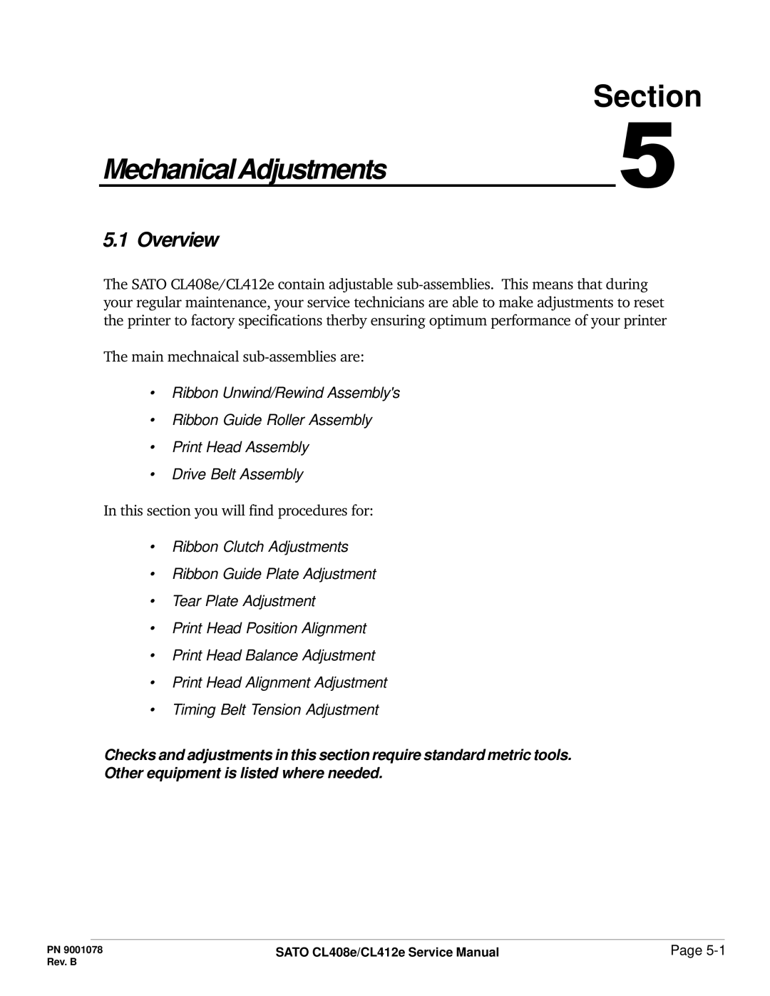 SATO CL412E service manual MechanicalAdjustments# 