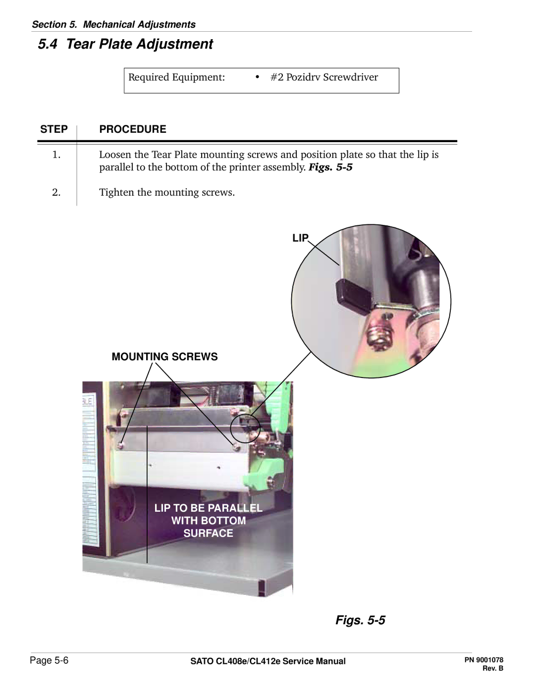 SATO CL412E service manual Tear Plate Adjustment, Figs, LIP Mounting Screws 