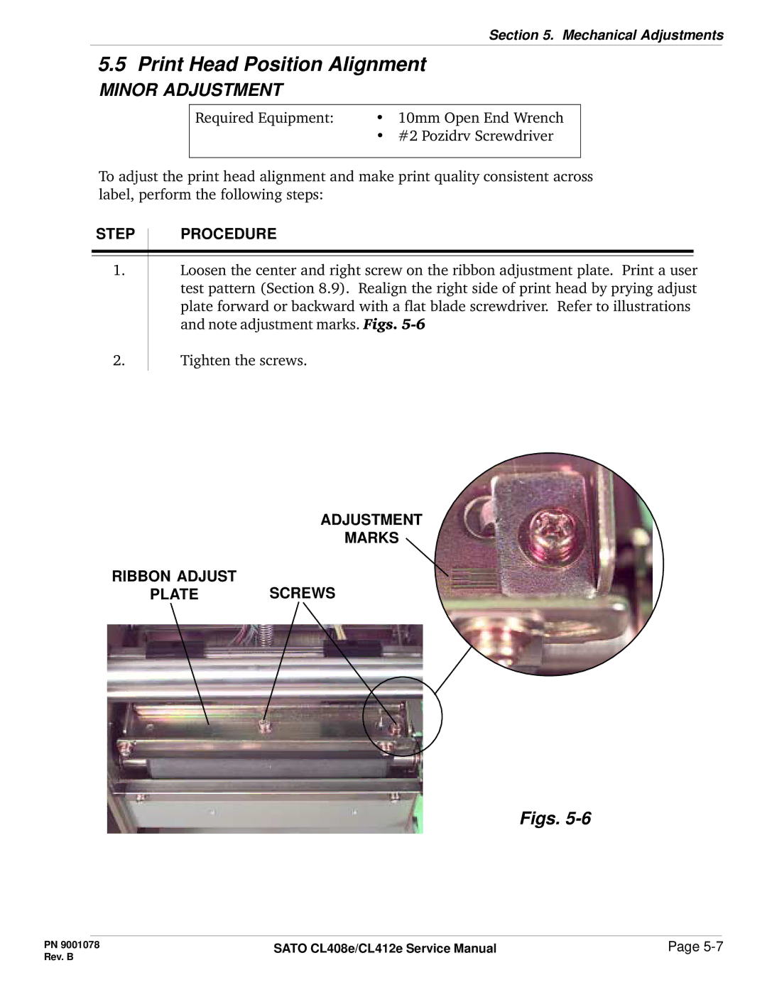 SATO CL412E service manual Print Head Position Alignment, Adjustment Marks Ribbon Adjust Platescrews 