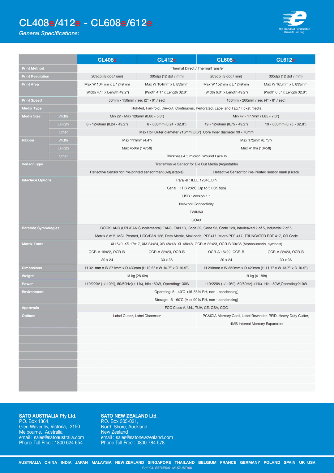 SATO CL4e Print Method, Print Resolution, Print Area, Print Speed, Media Type, Media Size, Ribbon, Sensor Type, Dimensions 