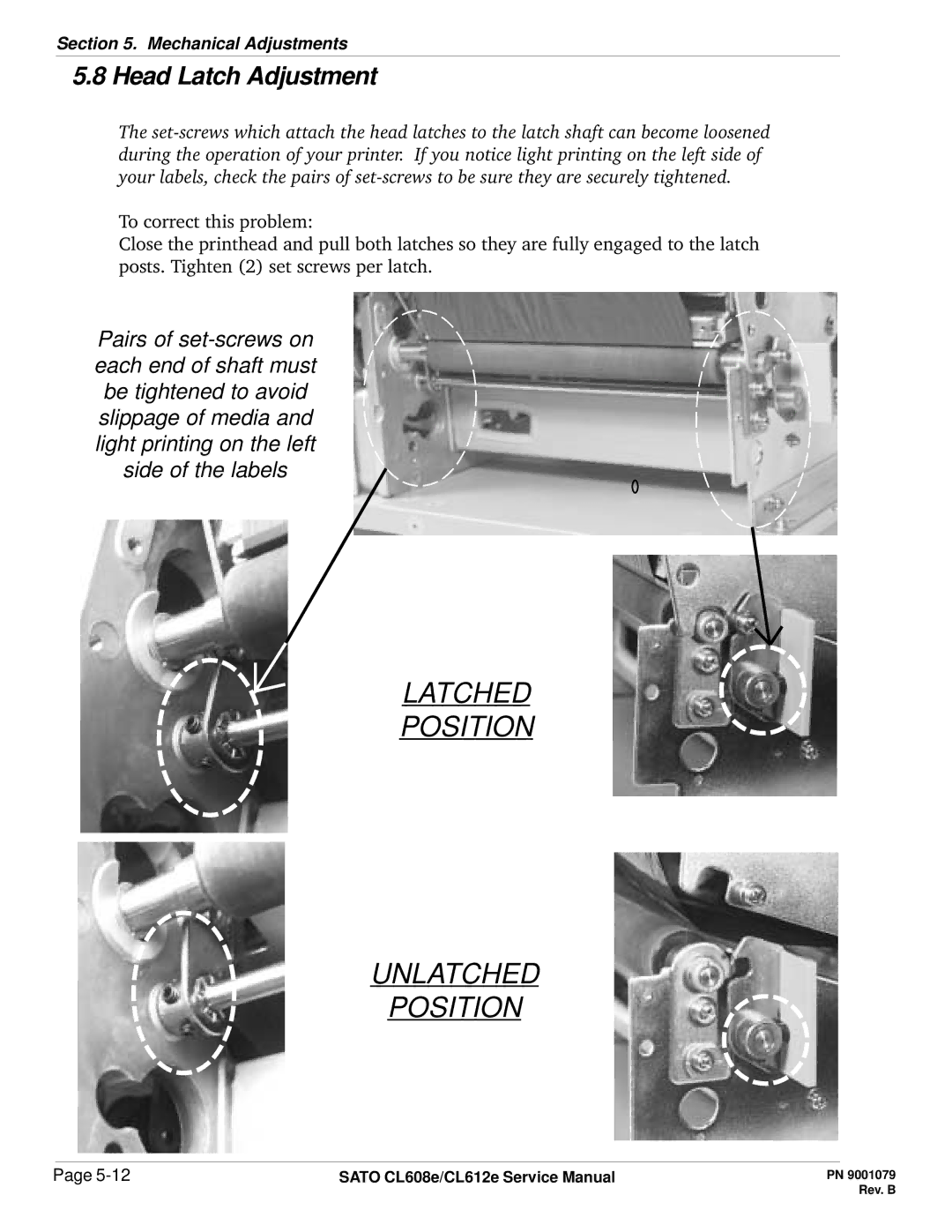 SATO CL608e/CL612e manual Latched Position Unlatched, Head Latch Adjustment 