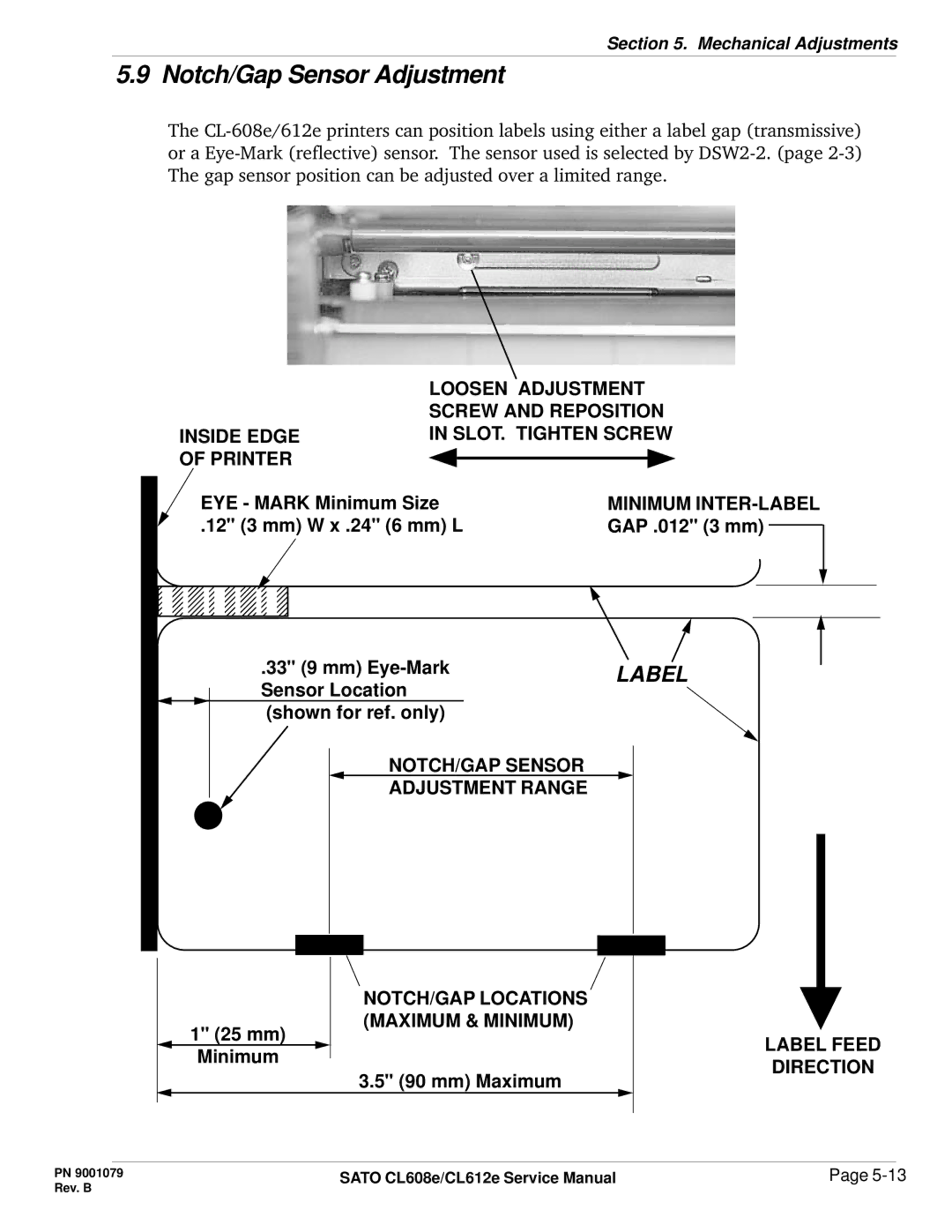 SATO CL608e/CL612e manual Notch/Gap Sensor Adjustment, Minimum INTER-LABEL, NOTCH/GAP Sensor Adjustment Range 