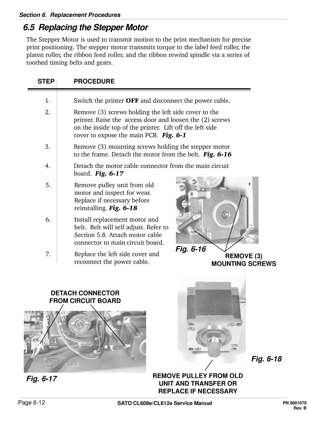 SATO CL608e/CL612e manual Replacing the Stepper Motor, Remove, Detach Connector From Circuit Board 