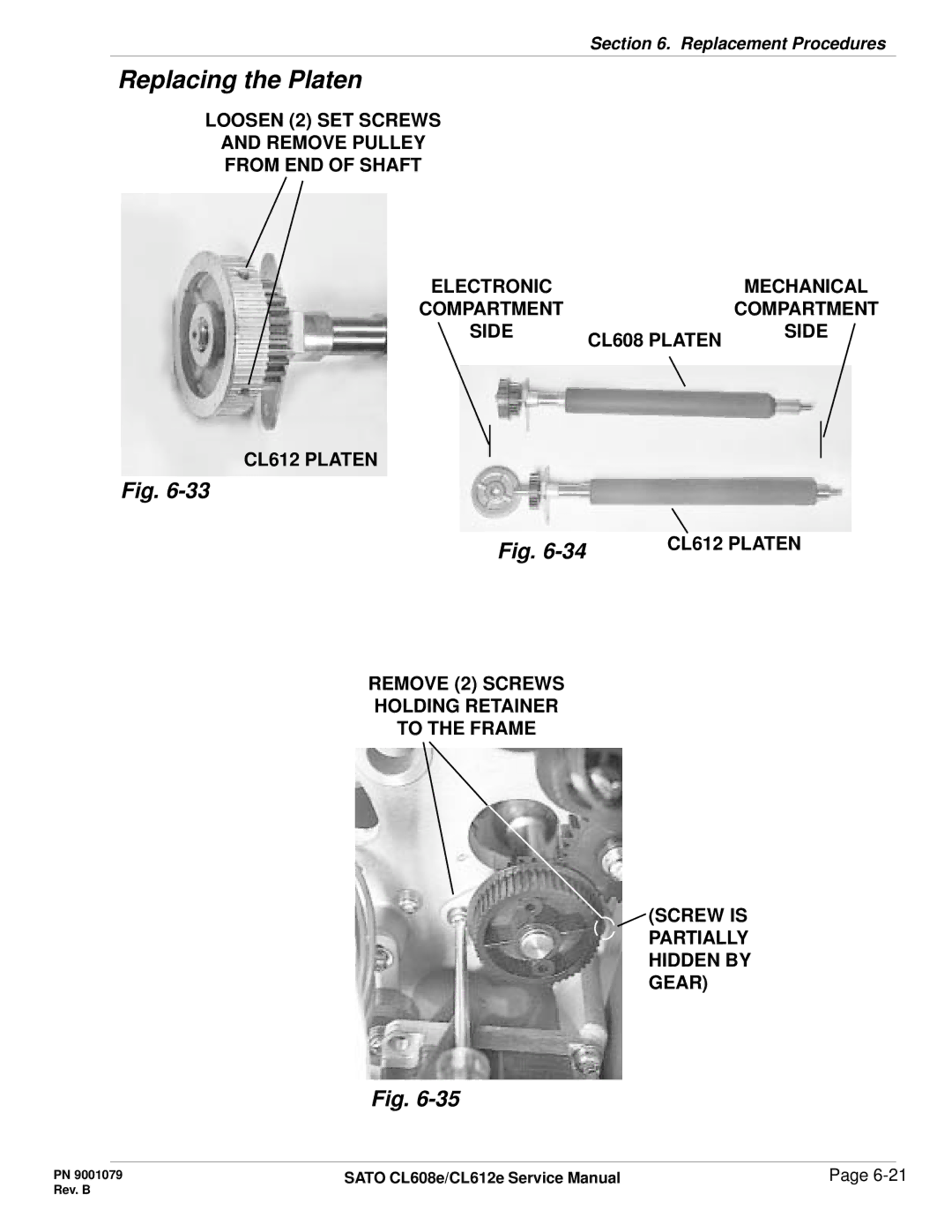 SATO CL608e/CL612e manual Loosen 2 SET Screws Remove Pulley From END of Shaft, CL608 Platen Side CL612 Platen 