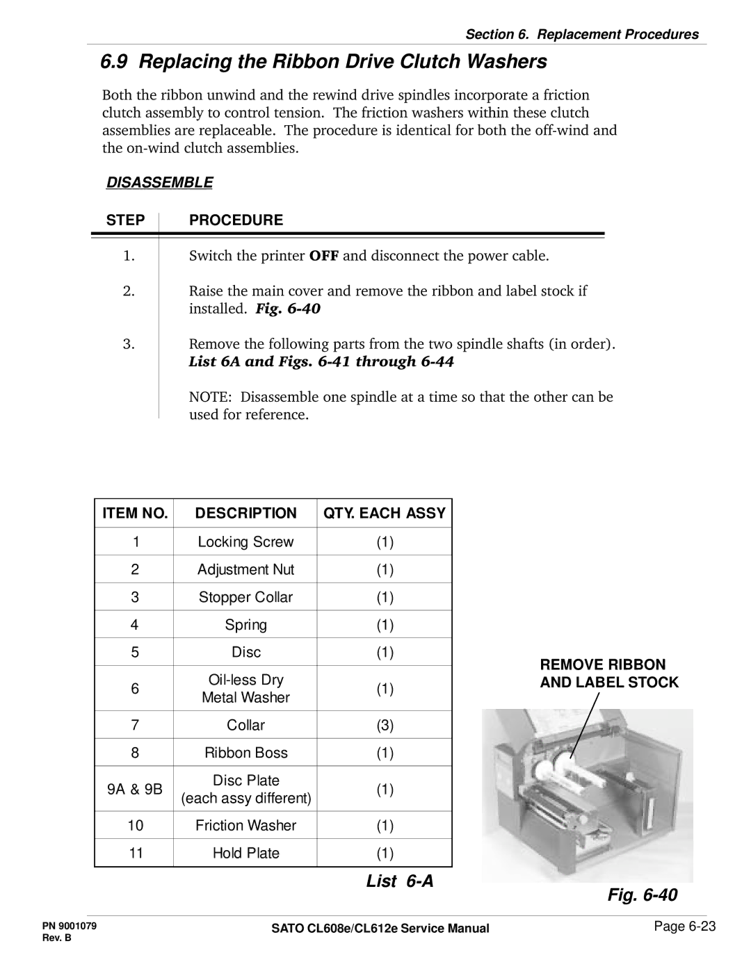 SATO CL608e/CL612e manual Replacing the Ribbon Drive Clutch Washers, List 6-A, Item no Description QTY. Each Assy 