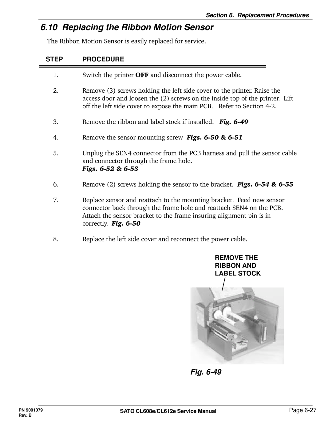 SATO CL608e/CL612e manual Replacing the Ribbon Motion Sensor, Remove Ribbon Label Stock 