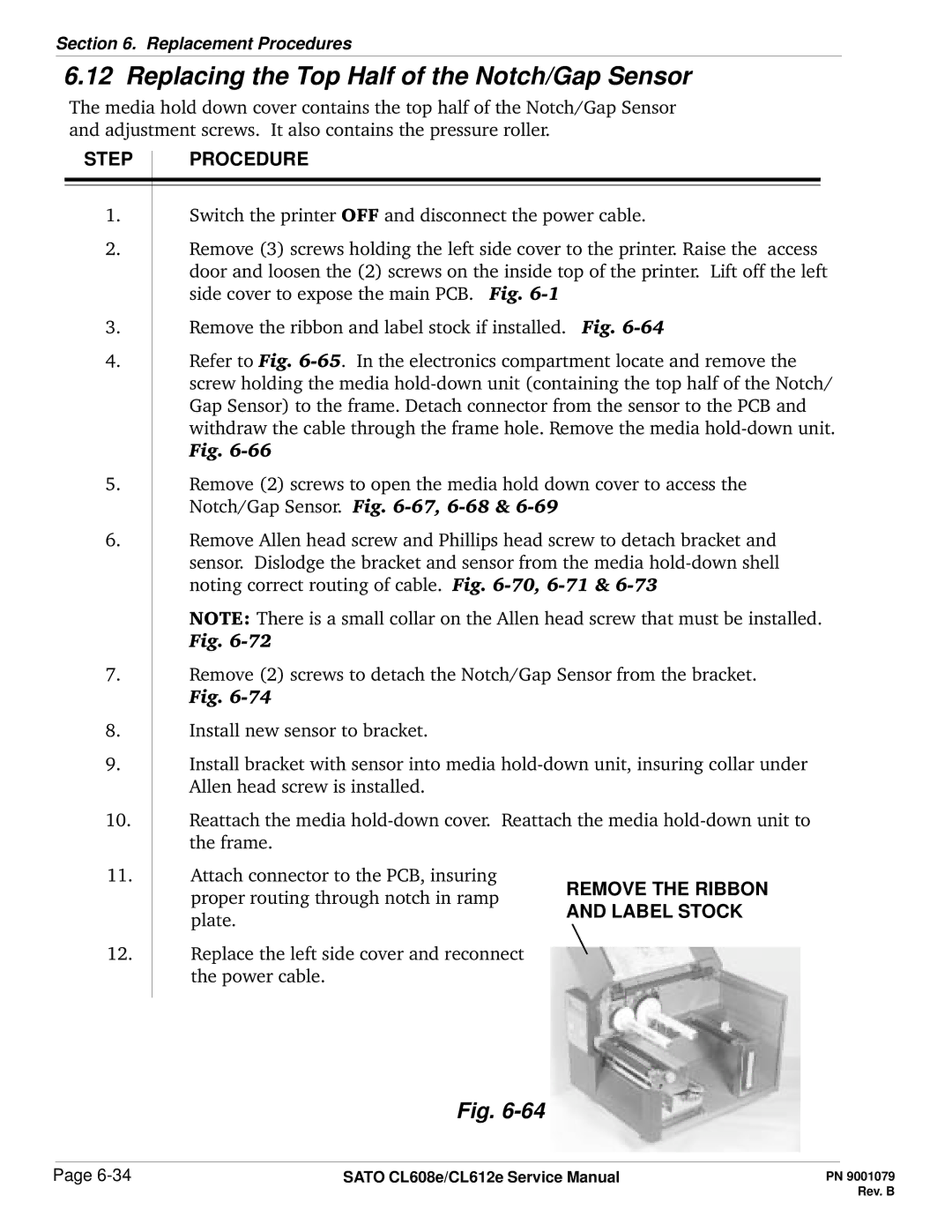 SATO CL608e/CL612e manual Replacing the Top Half of the Notch/Gap Sensor, Step 