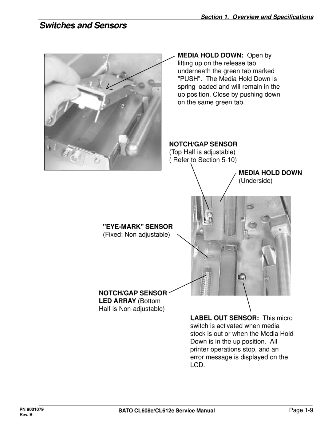 SATO CL608e/CL612e manual Switches and Sensors, Media Hold Down, EYE-MARK Sensor 