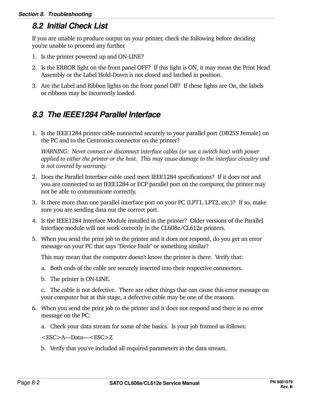 SATO CL608e/CL612e manual Initial Check List, IEEE1284 Parallel Interface 