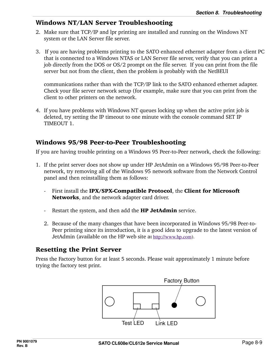 SATO CL608e/CL612e manual Windows NT/LAN Server Troubleshooting 