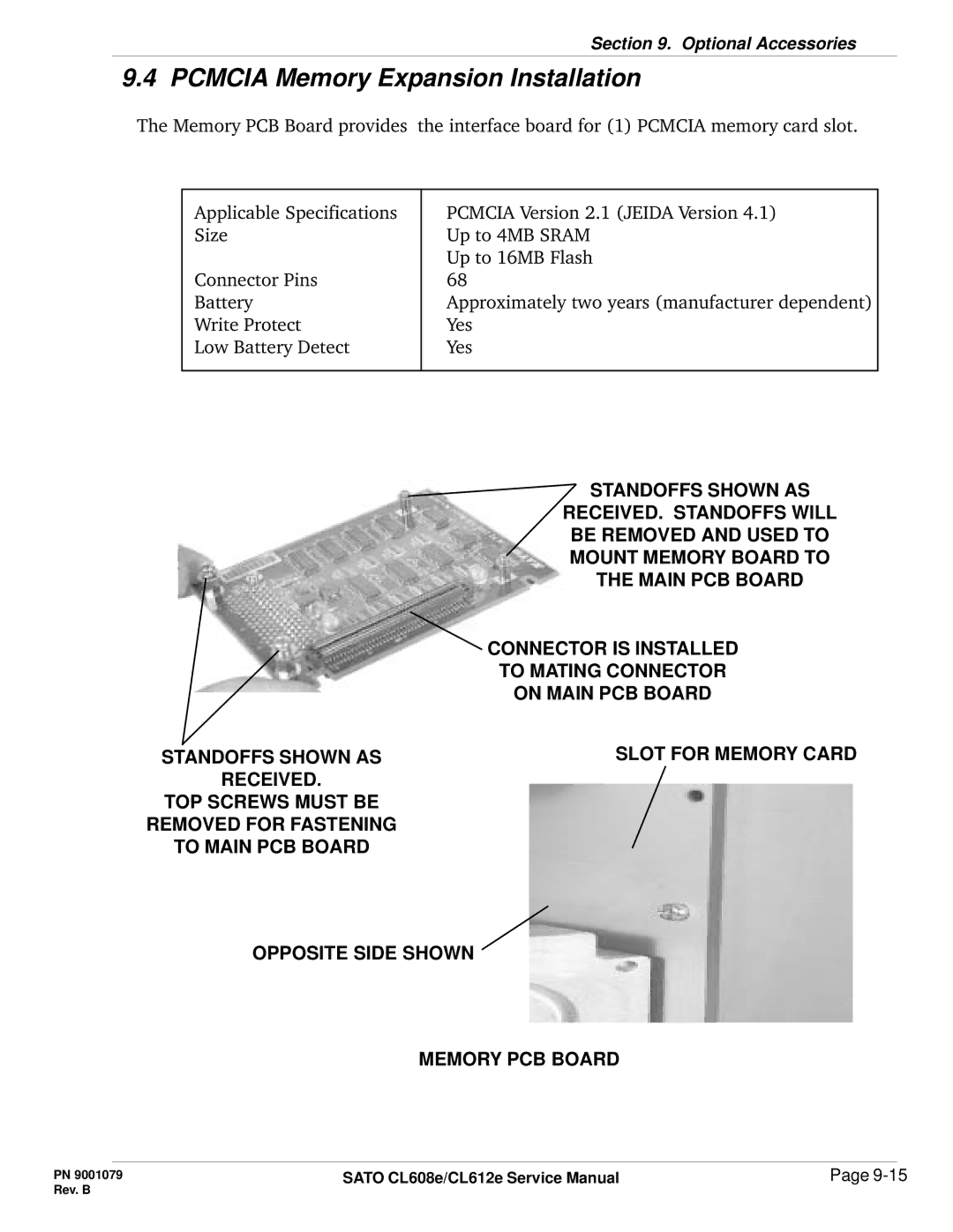 SATO CL608e/CL612e manual Pcmcia Memory Expansion Installation, RECEIVED. Standoffs will, Mount Memory Board to 