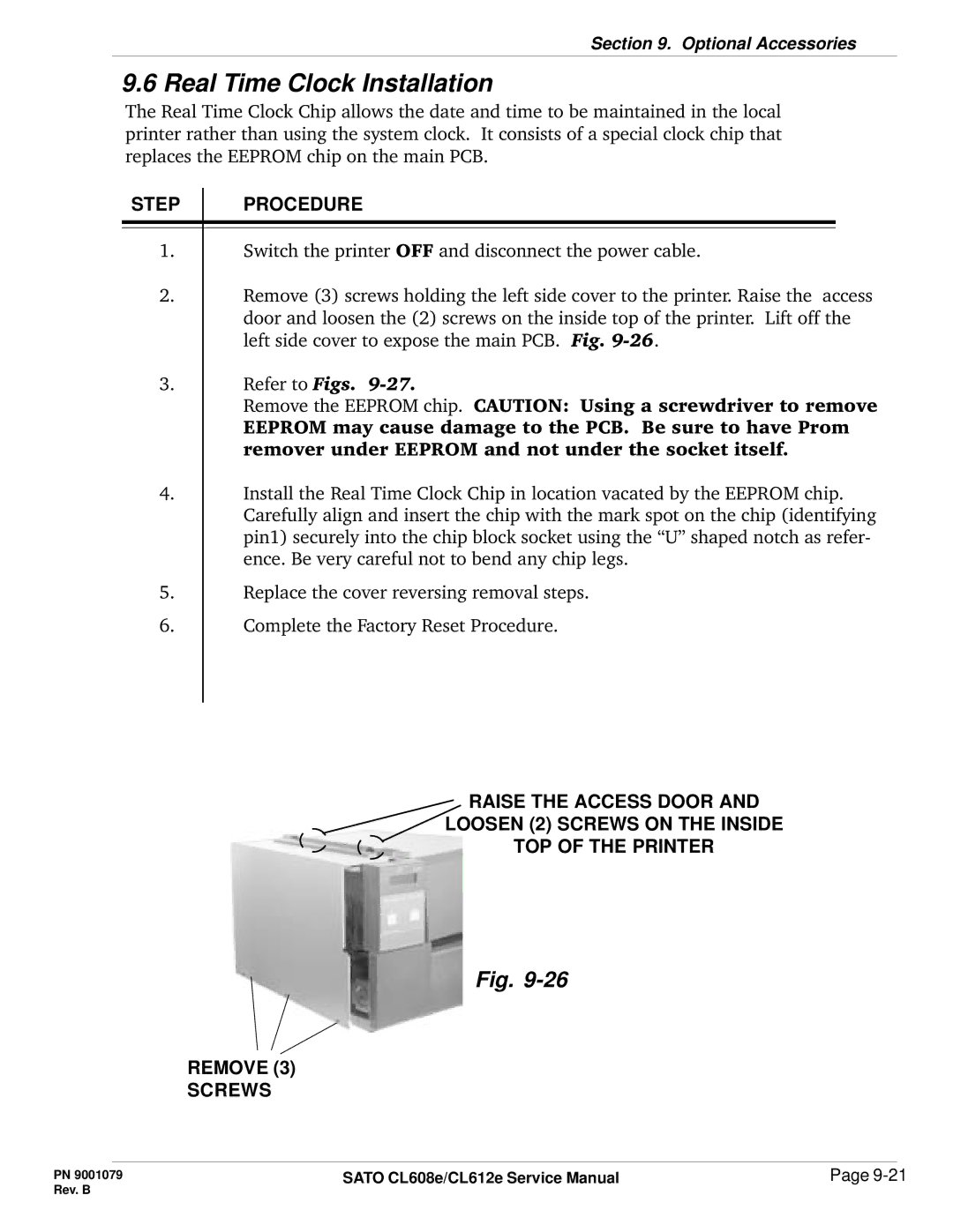 SATO CL608e/CL612e manual Real Time Clock Installation, Step 